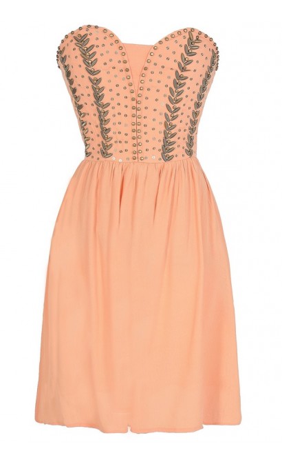 Antique Bronze Embellished Dress in Orange Peach